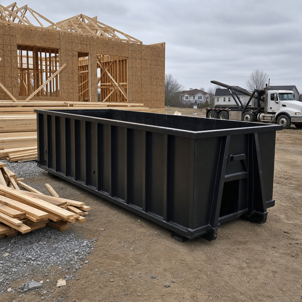Matte-black 40-yard roll-off dumpster staged on a framed-out residential construction site in Ann Arbor, framing lumber stacked nearby, hooklift delivery truck visible in the background under bright Colorado daylight