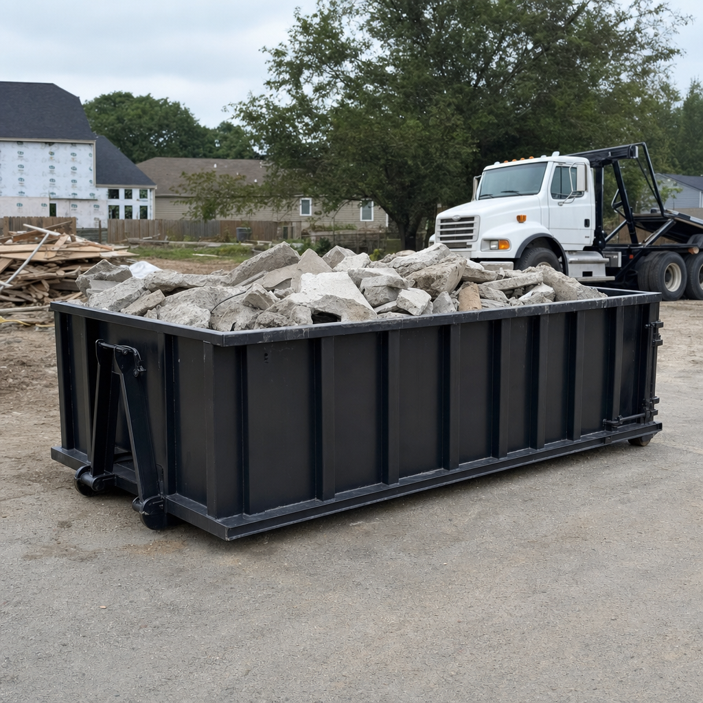 Low-profile matte-black lowboy roll-off dumpster loaded with broken concrete slab and rebar at a foundation tear-out in Ann Arbor, skid steer parked beside it, sunny Colorado morning