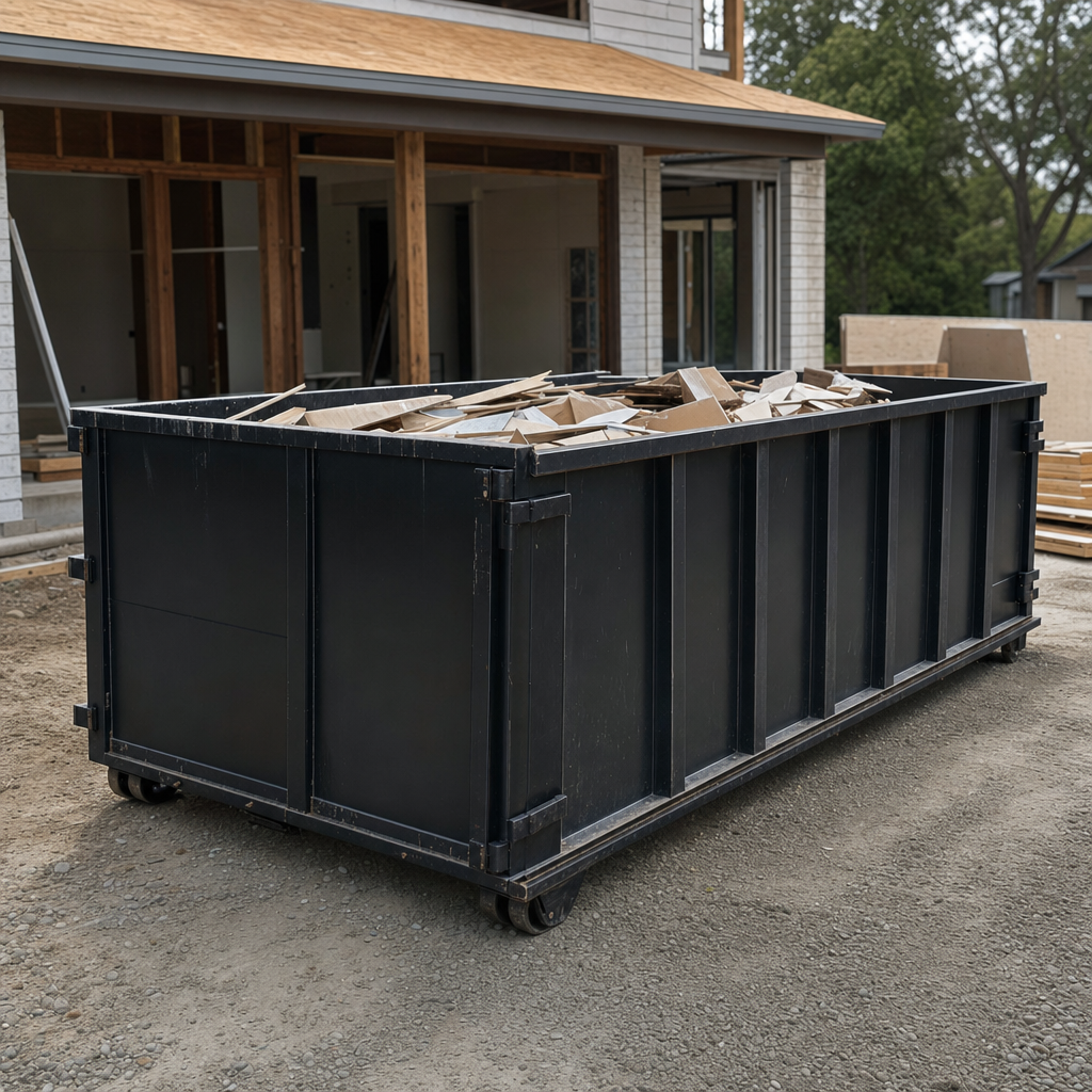 Large matte-black 30-yard construction roll-off dumpster at an active Ann Arbor jobsite, steel-gray top rails and bottom rollers visible, loaded with construction debris.