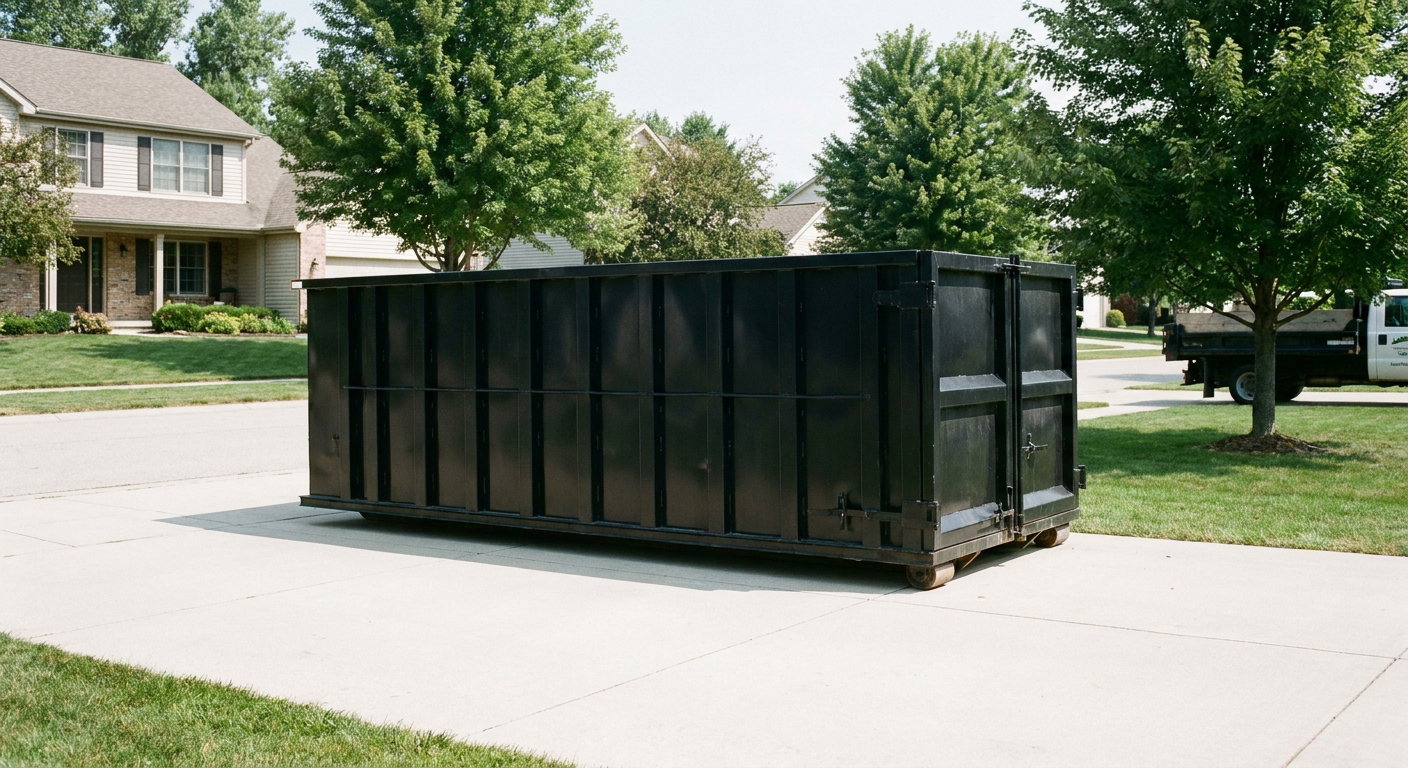 Matte-black 20-yard roll-off dumpster sitting level on a clean Ann Arbor residential concrete driveway under bright daylight, demonstrating clean placement directly on the concrete.