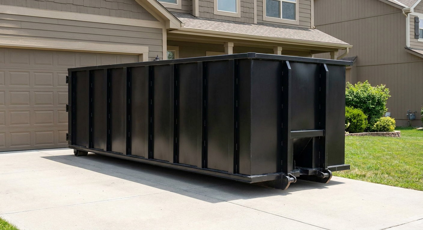 Matte-black residential roll-off dumpster sitting directly on a suburban Ann Arbor concrete driveway, garage door closed, single-family home in background, bright morning daylight.