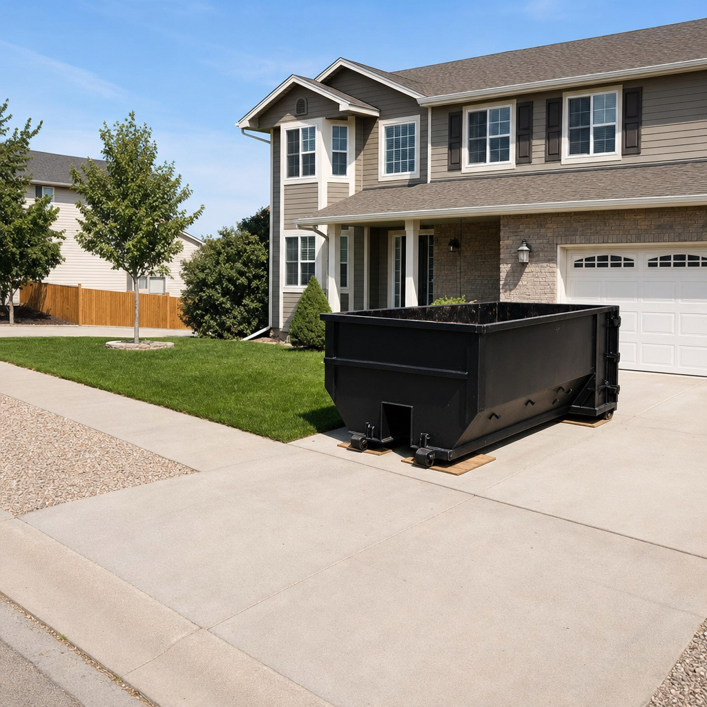 10-yard matte-black residential dumpster placed directly on a narrow Ann Arbor concrete driveway, room remains for a parked sedan beside it, mid-morning natural light