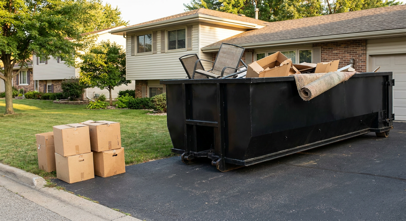 Front-yard view of a Ann Arbor split-level home with a 20-yard matte-black roll-off dumpster sitting directly on the asphalt driveway, a few clearly labeled donation boxes staged at the curb, calm sunny afternoon.