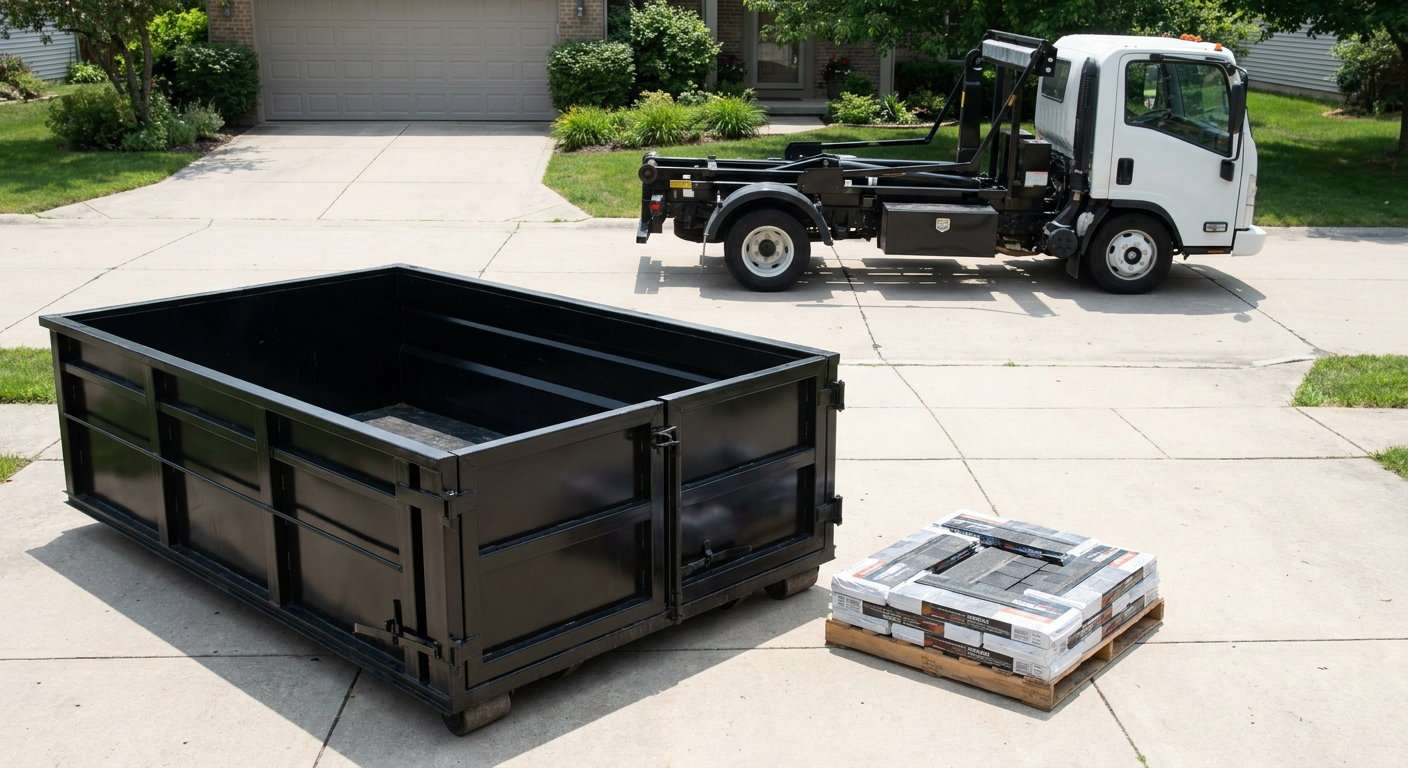 Matte-black 15-yard roofing roll-off dumpster with reinforced low side walls sitting directly on a Ann Arbor residential concrete driveway, three-tab asphalt shingle bundles stacked nearby, an unmarked white hauler truck partially visible at the edge of the frame.