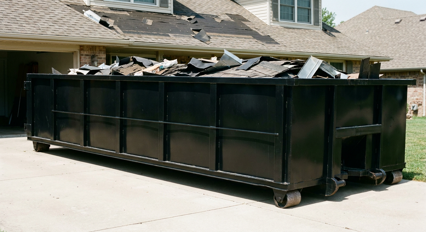 Matte-black 20-yard roofing roll-off dumpster with steel ribbed sides and swinging rear door, sitting directly on the concrete driveway of a two-story Ann Arbor home, asphalt shingle debris being loaded over the low wall, clean documentary lighting.