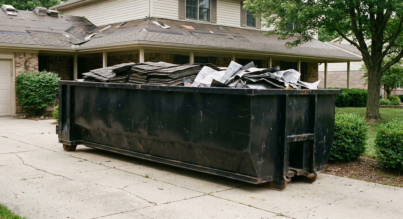 Matte-black 30-yard roofing roll-off dumpster sitting directly on a Ann Arbor concrete driveway, taller ribbed steel side panels, mixed tear-off debris of asphalt shingles and underlayment inside, professional documentary daylight.