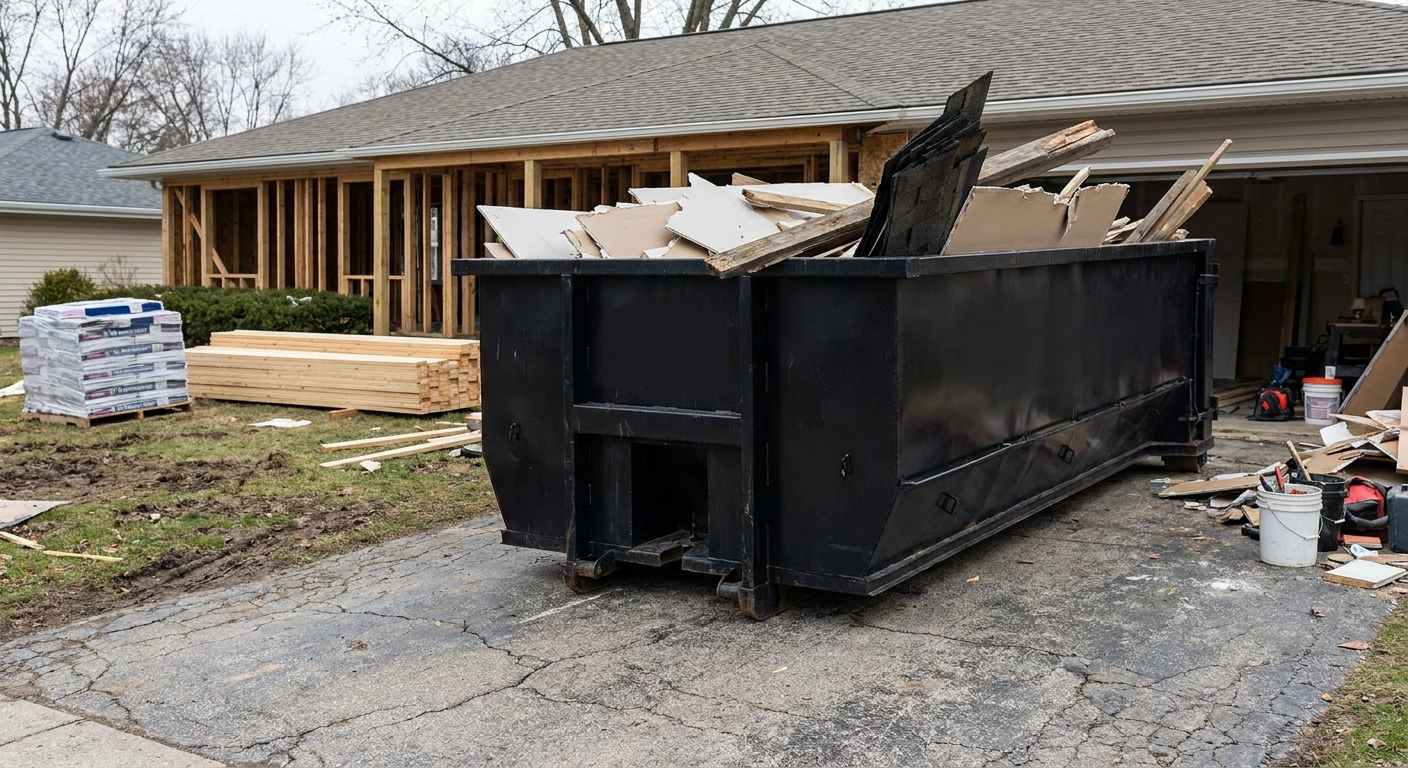 A matte-black 20-yard roll-off dumpster placed alongside a mid-renovation Ann Arbor home directly on the asphalt driveway, with framing materials and torn-off shingles staged neatly nearby.