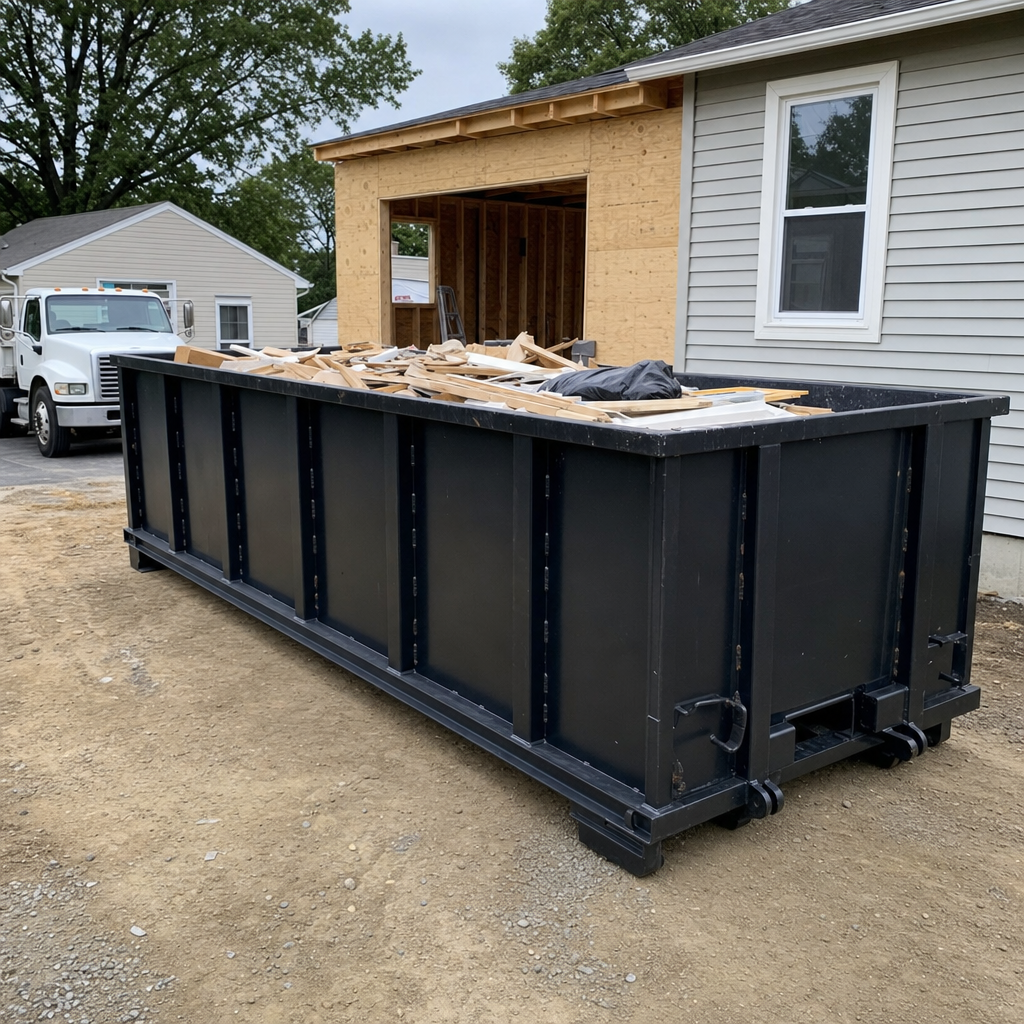A matte-black 30-yard roll-off dumpster positioned at a Ann Arbor residential addition jobsite, with framing lumber and drywall scraps loaded through the open swinging rear doors.