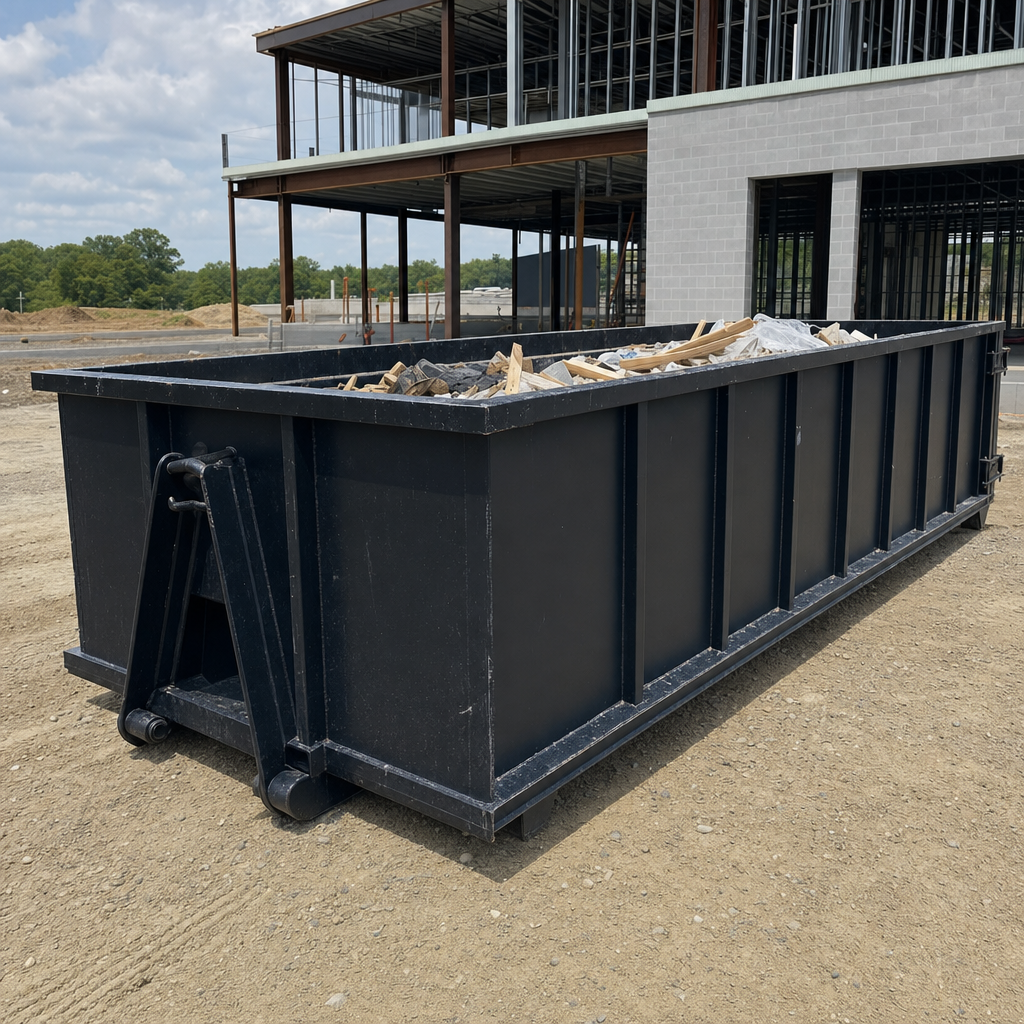 A matte-black 40-yard roll-off dumpster staged on a large Ann Arbor commercial construction lot, with a hooklift delivery truck parked alongside under bright midday sky.