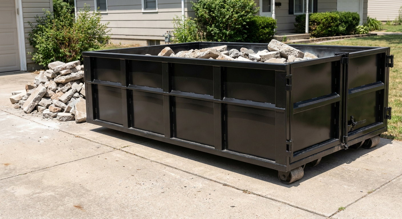 A matte-black low-side heavy-debris roll-off dumpster placed directly on a Ann Arbor concrete driveway, with broken concrete chunks neatly stacked beside it under clean daylight.